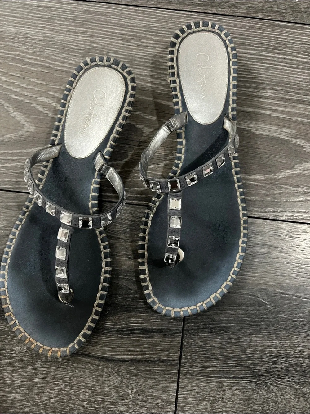 Cole Haan Navy Blue T-Strap Sandals with Square Studs